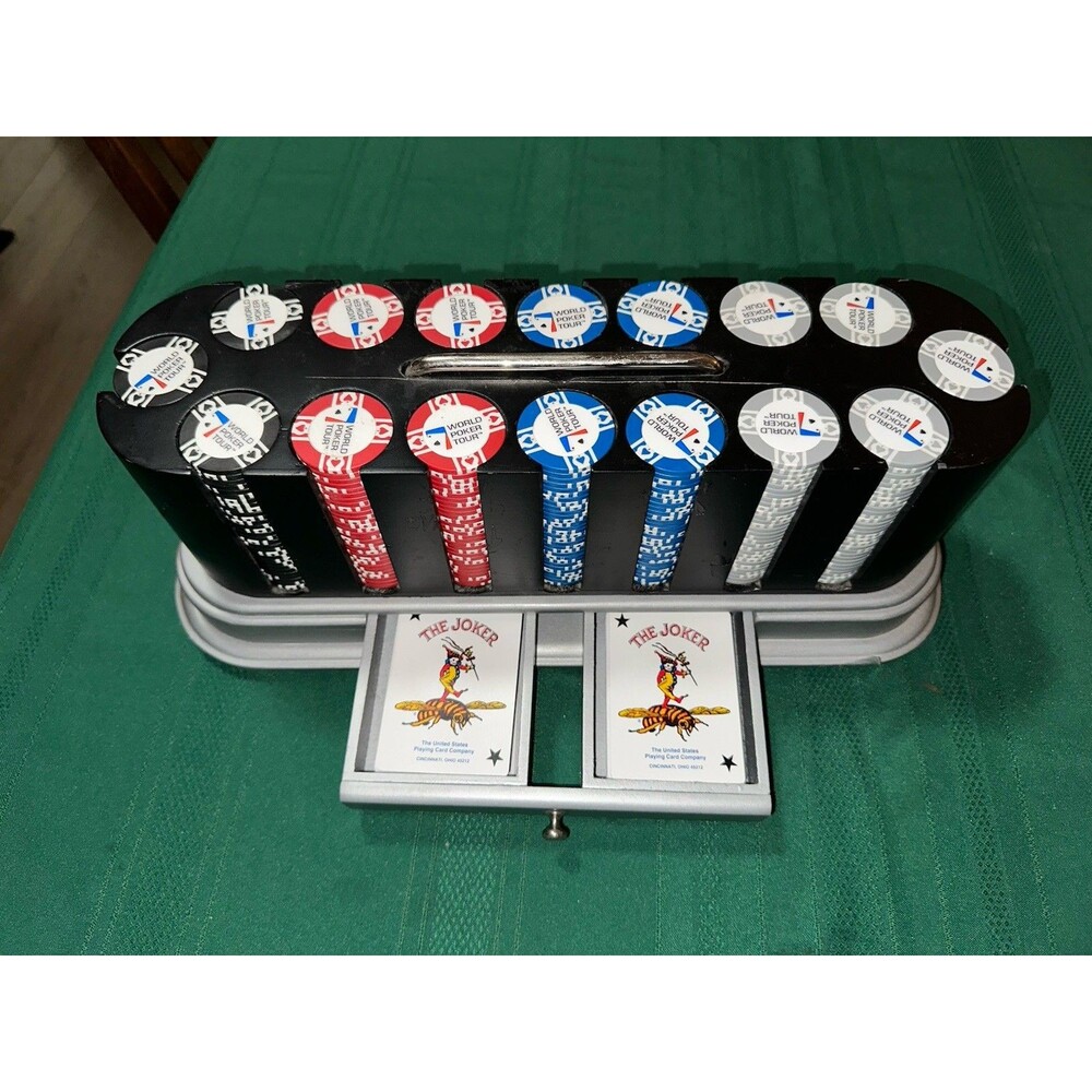 World Poker Tour WPT Casino Chip & Playing Cards Set Wood Spinning Carry Caddy